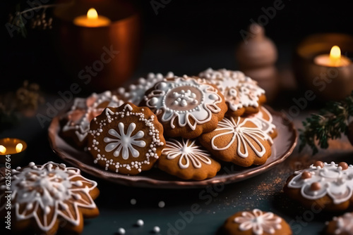 Christmas homemade gingerbread cookies on plate on the table. Sweet food. generative AI.