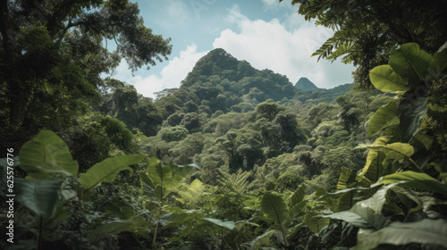 Dense tropical jungle foliage gives way to blue sky and a distant mountain.