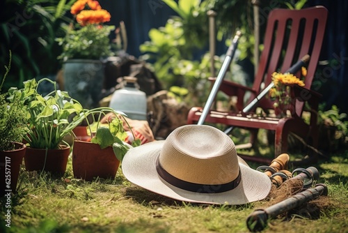 The garden is adorned with gardening tools and a straw hat lying on the grass.