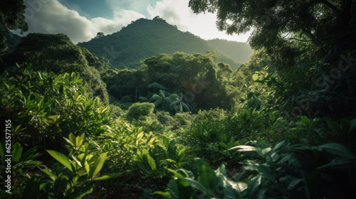 Fototapeta Naklejka Na Ścianę i Meble -  Dense tropical jungle foliage gives way to blue sky and a distant mountain.