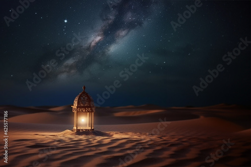islamic lantern on the desert with starry night