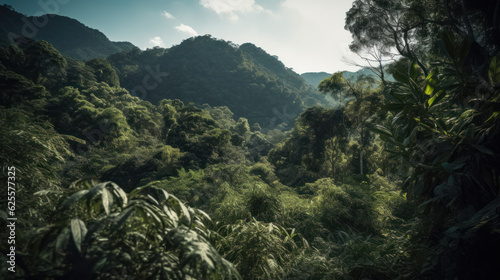 Fototapeta Naklejka Na Ścianę i Meble -  Dense tropical jungle foliage gives way to blue sky and a distant mountain.