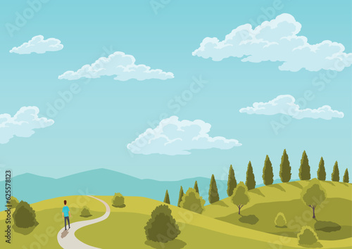 Nature landscape in cartoon style. Beautiful spring hills with trees, green grass and blue sky with white clouds. Flat vector landscape background template