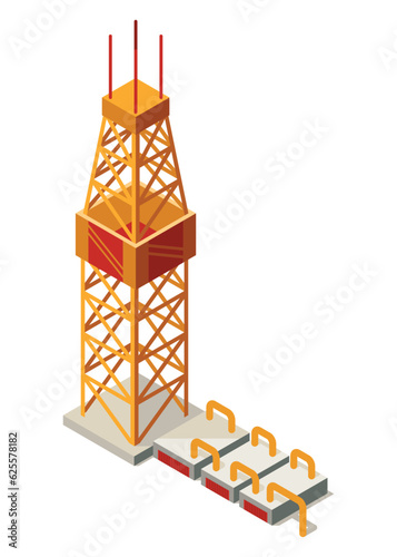 Oil gas platform isometric icon composition. Offshore mining element of depot petroleum products with drilling rig platform. Item for extraction from under the sea bed deposits
