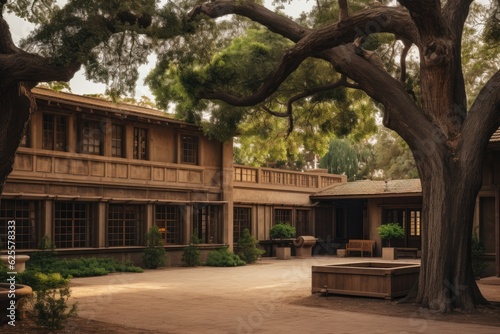 The wooden yard features rectangular bars in a brown hue. Situated on the right side is a tree. The mansion consists of approximately four windows and a single door.