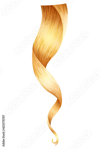 Shiny blond woman hair. Haircut, hair care and beauty salon, realistic locks of long wavy blonde. Beautiful healthy female hair with shining surface
