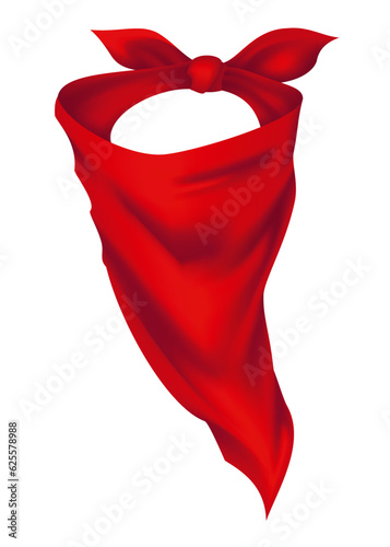 Red realistic bandana on neck. Youth fashion neck scarf or cowboy garment element template. Biker face scarf, bandanna neck shawl. Blank handkerchief unisex uniform. Western clothes