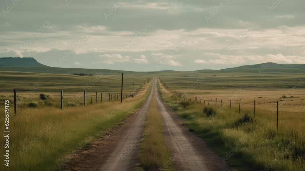 Endless road along green grasslands.