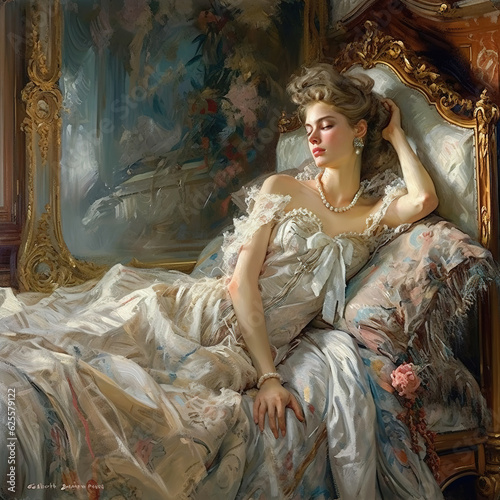 Renaissance oil paintings of a princess in a white dress on a bed, ai art 