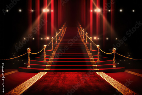 Red Carpet Bollywood Stage, Maroon Steps Spot Light Backdrop of the Golden Regal Awards, generative AI