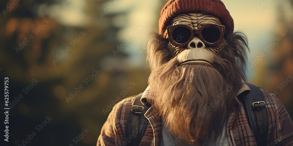 Hipster Bigfoot portrait dressed in clothing. Conceptual liberal Sasquatch disguised in human clothes.