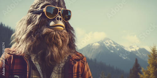 Hipster Bigfoot portrait dressed in clothing. Conceptual liberal Sasquatch disguised in human clothes photo