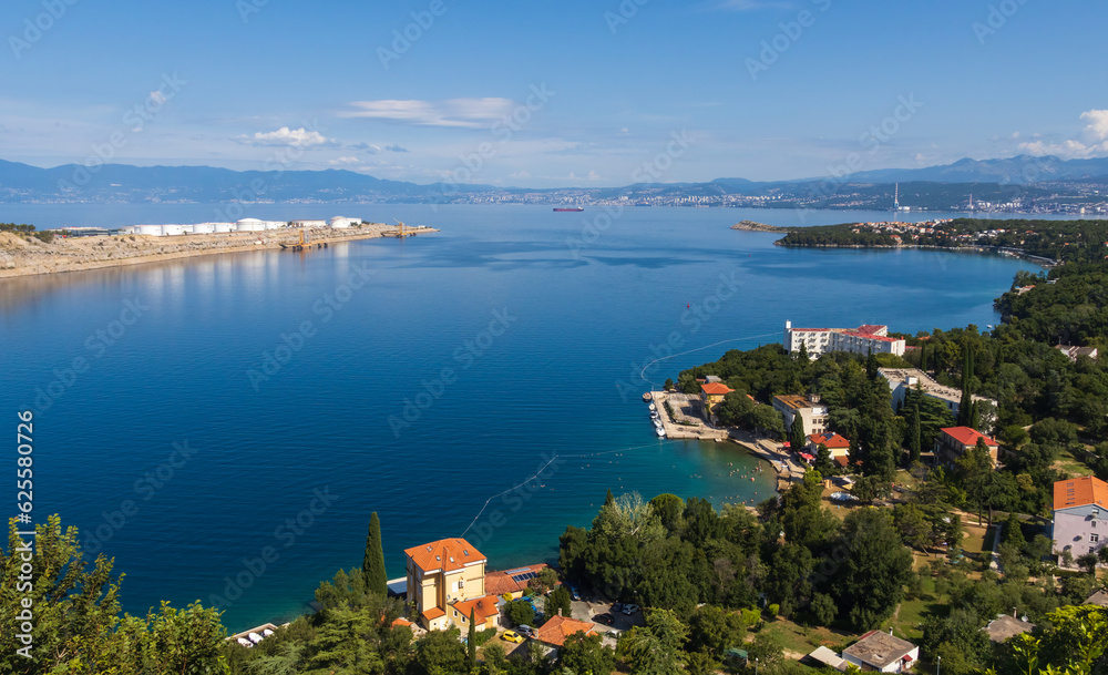 Omisalj village bay from lookout with dock. Island Krk, Croatia