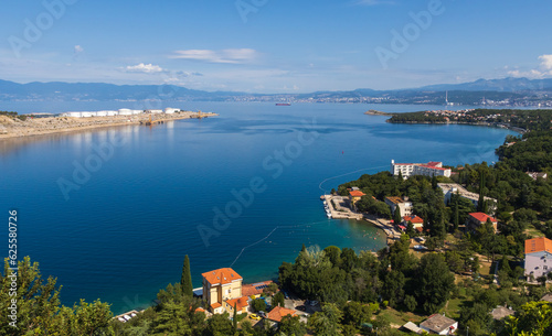 Omisalj village bay from lookout with dock. Island Krk, Croatia
