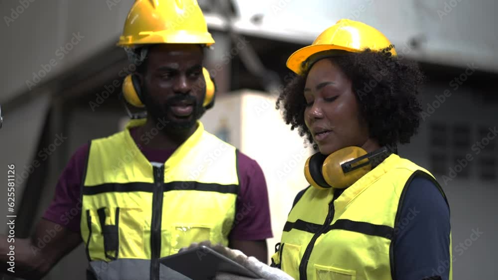 group of African American worker Industrial Engineers man and inspector manager woman checking and repair mechanical with tablet in Manufacturing Factory. teamwork meeting maintain on workplace