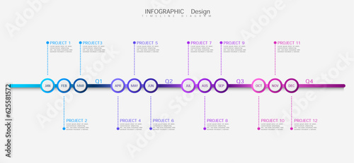 12 month calendar design concept, modern timeline, infographic template for business.Can be used for presentations, flowcharts, diagrams, signs. Vector illustration.