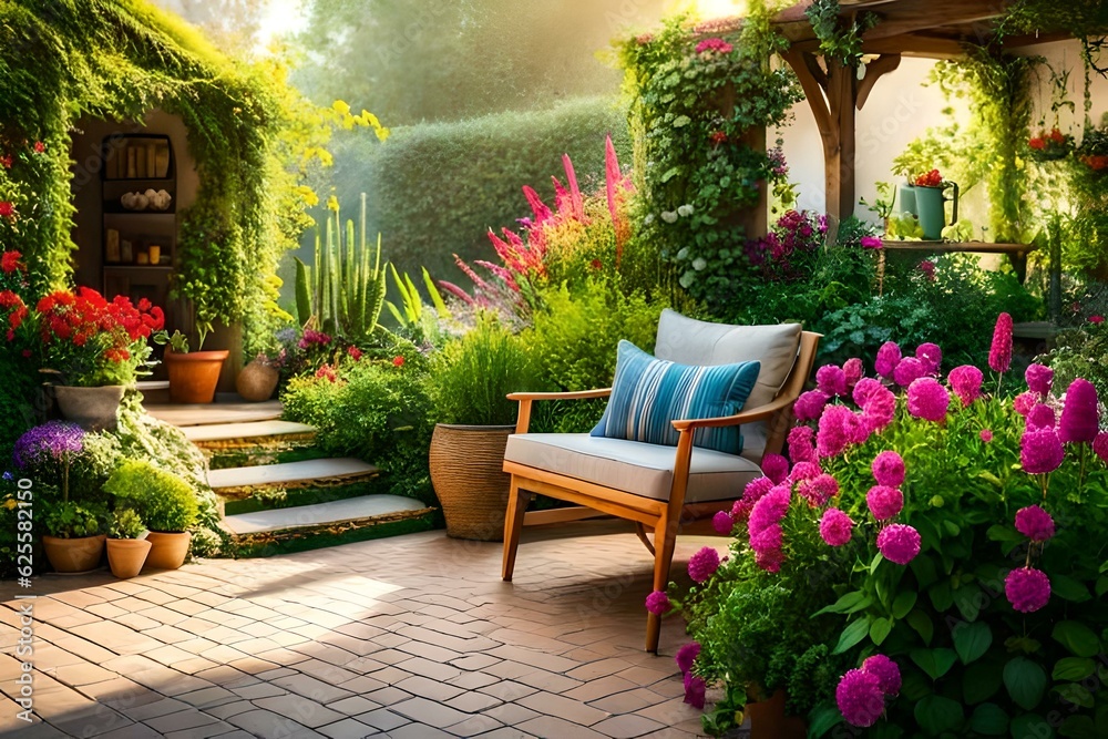 A tranquil terrace garden featuring an assortment of evergreen plants