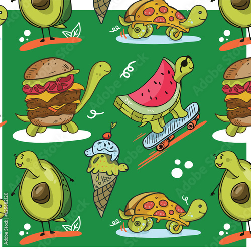 Food and cute hand drawn turtle cartoons. Seamless pattern, repeated texture background design. (ID: 625582120)