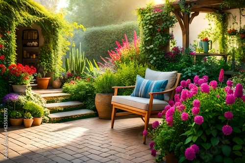 A tranquil terrace garden featuring an assortment of evergreen plants