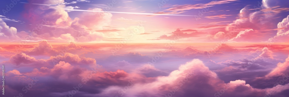Ethereal Horizon: Captivating Panoramic Sky with Colorful Sunset and Floating Clouds (Generative Ai)