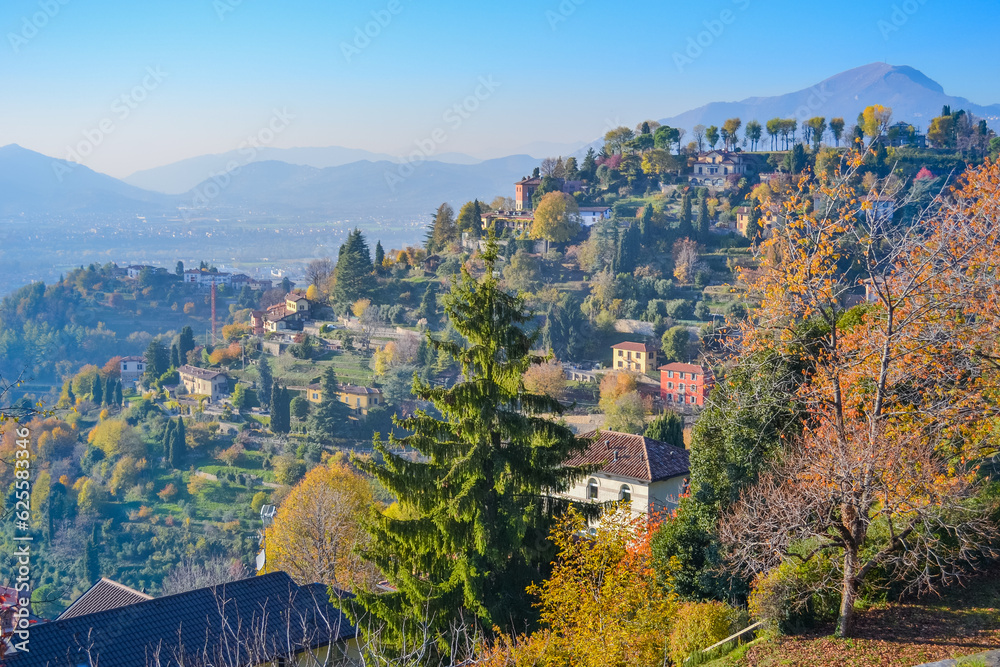 Obraz premium Italy, Bergamo, 14.10.2017:&nbsp;View of the city of Bergamo from the hill on a sunny day at sunset