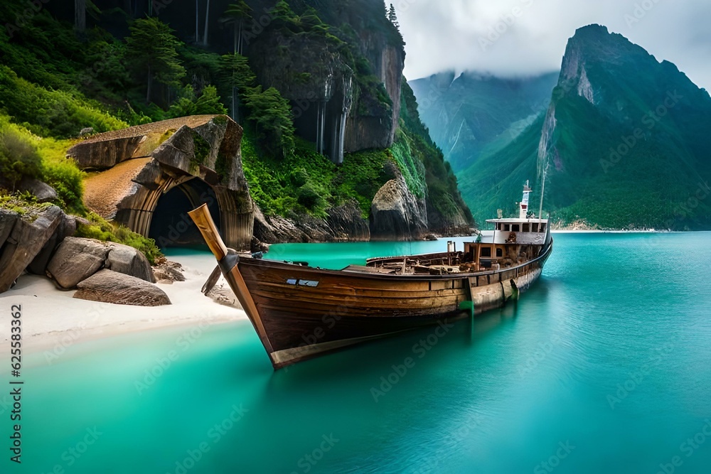 a stunning scene where an ancient shipwreck in a serene bay - AI Generative
