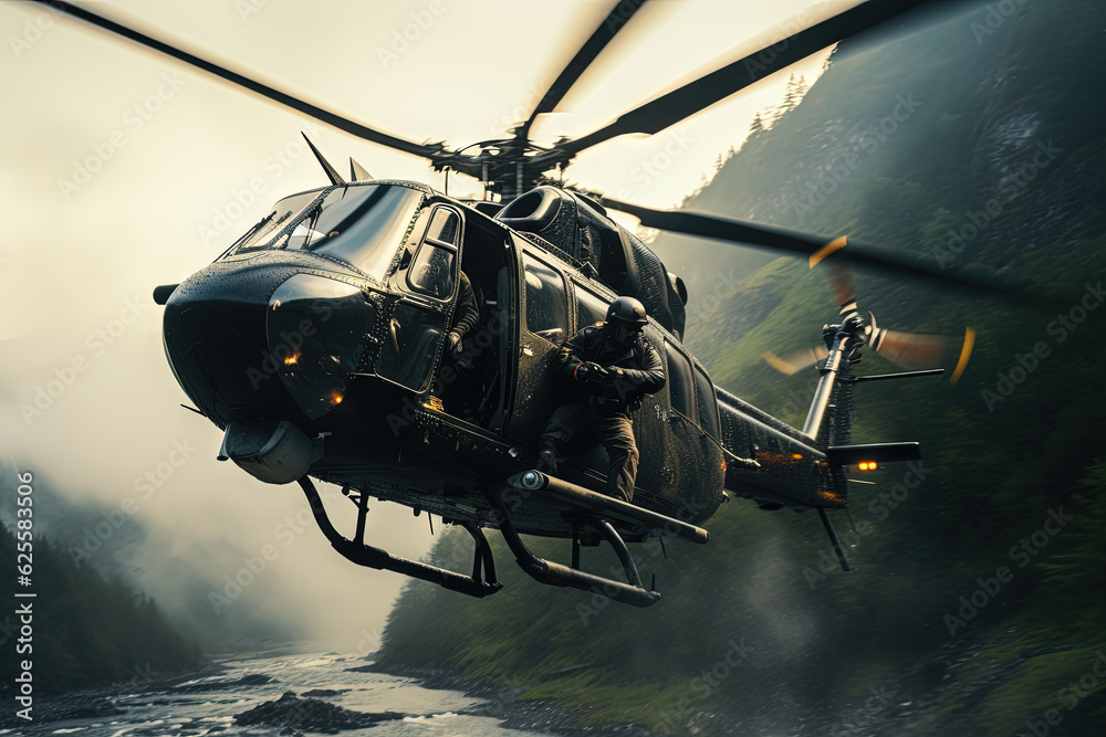 Action shot with helicopter hovering in the air. Dynamic scene in action movie blockbuster style. Generated AI.