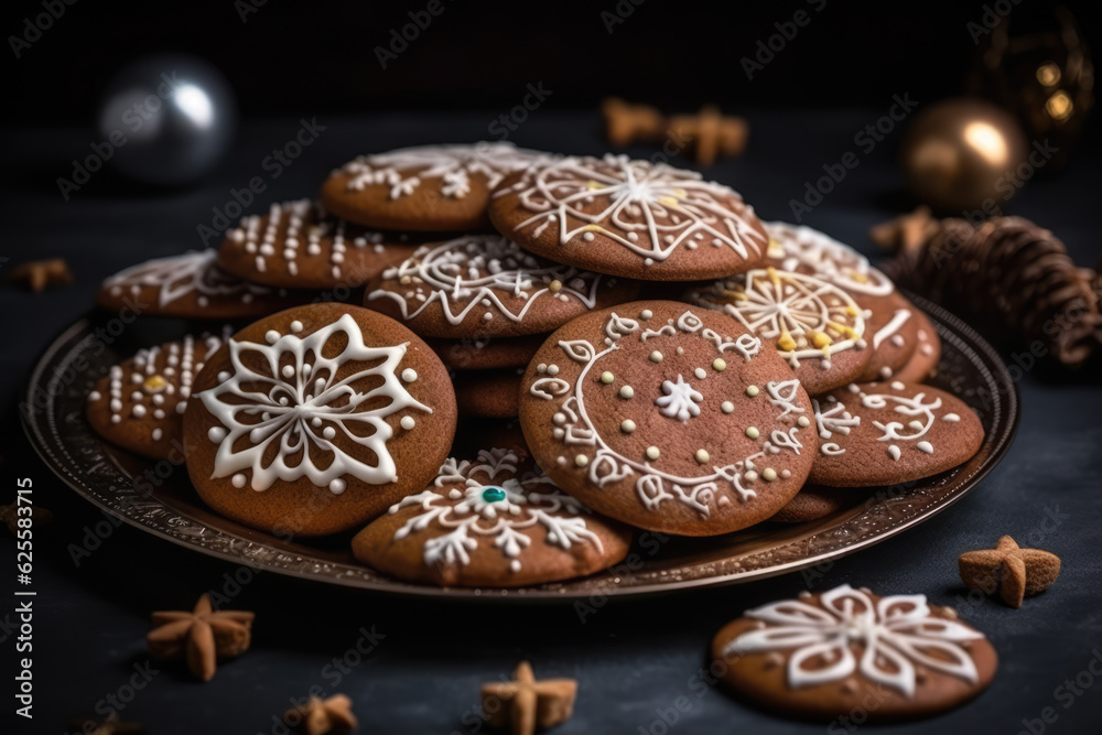 Christmas homemade gingerbread cookies on plate on the table. Sweet food. generative AI.