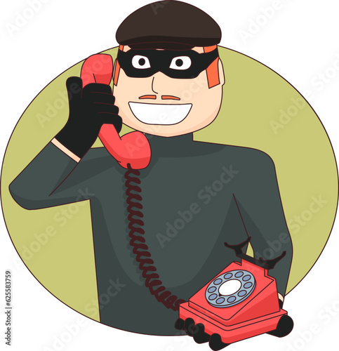 Scammer is holding a telephone in his hand. A masked man uses an old rotary dial phone to get criminal information.