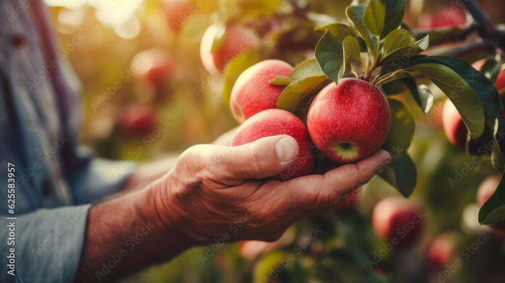 Close-up of old farmer man hands picking red apples fruits. Organic food, harvesting and farming concept image Close-up of old farmer man hands picking red apples fruits. Organic food, harvesting and farming concept image