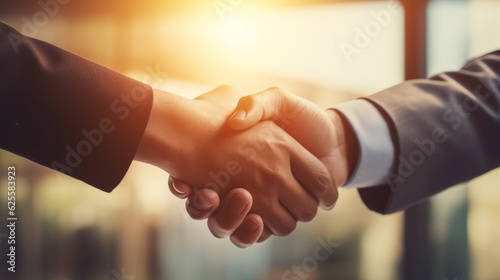 Businessmen handshake for teamwork, successful Business deal partnership concept with dramatic sunlight photo