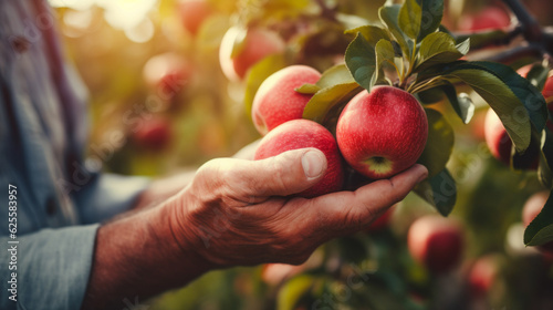 Close-up of old farmer man hands picking red apples fruits. Organic food, harvesting and farming concept image