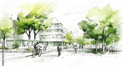 Drawing of street with sustainable urban design featuring eco-friendly elements, people on bicycle and modern buildings with green plants and trees photo