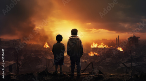 Silhouette of a two children watching over their burned down hometown