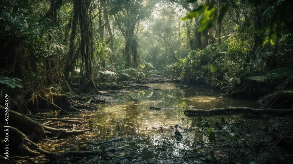 Fototapeta premium Epic view of swampy jungle with warm water in summer.