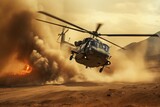 A generic military helicopter crossing through fire and smoke in the battlefield, Generative Ai