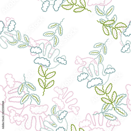 Cute unusual flower and cloud seamless pattern. Simple stylized flowers background.