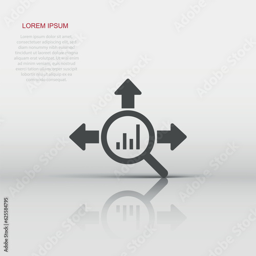 Market trend icon in flat style. Growth arrow with magnifier vector illustration on white isolated background. Increase business concept.