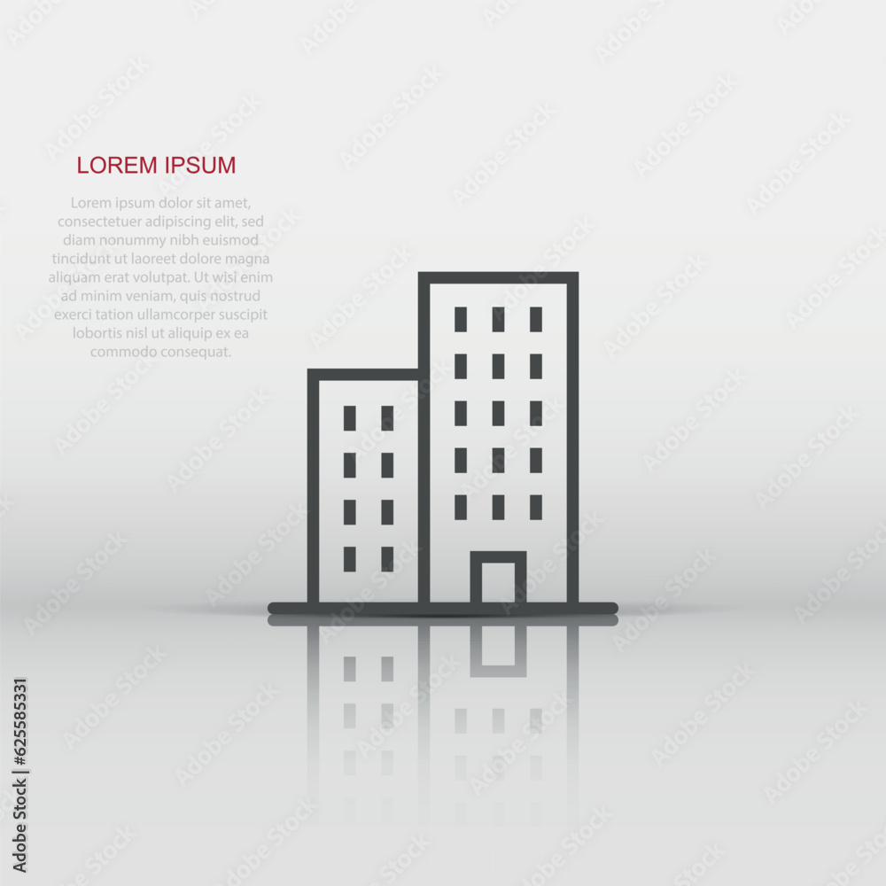Building icon in flat style. Town skyscraper apartment vector illustration on white isolated background. City tower business concept. Building icon in flat style. Town skyscraper apartment vector illustration on white isolated background. City tower business concept.