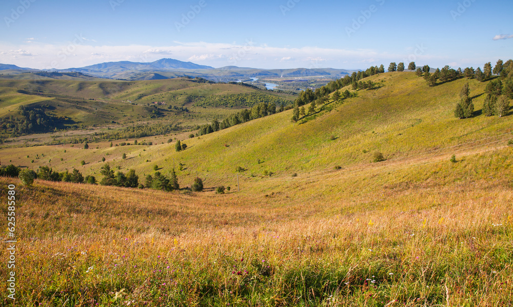 Summer landscape with Altai mountains on a sunny day, Katun river