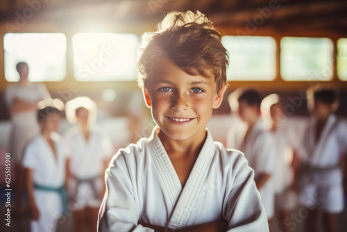 Fotografia Happy European boy at Judo or Karate training lesson looking at camera