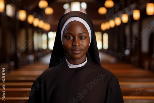 Portrait of a black african catholic nun in church background