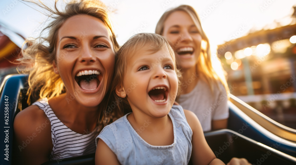 Mother and two children family riding a rollercoaster at an amusement ...