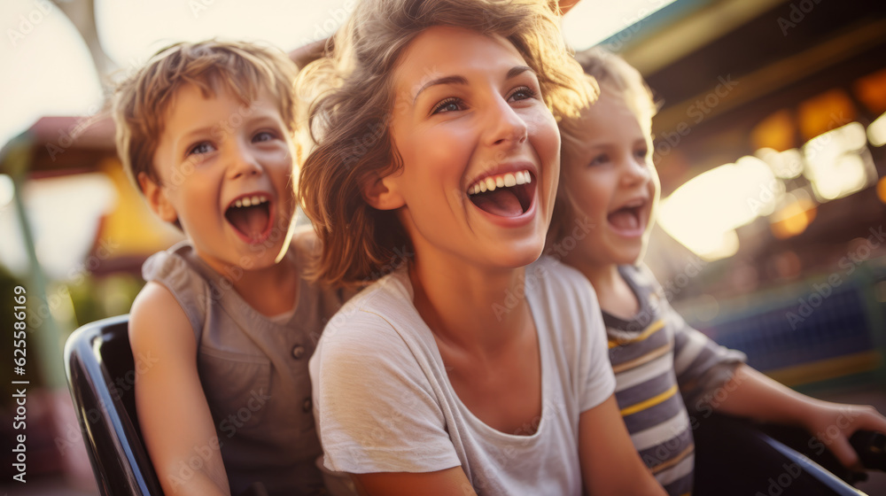 Fototapeta premium Mother and two children family riding a rollercoaster at an amusement park experiencing excitement, joy, laughter, and fun