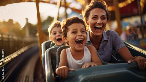 Fotografija Mother and two children family riding a rollercoaster at an amusement park exper