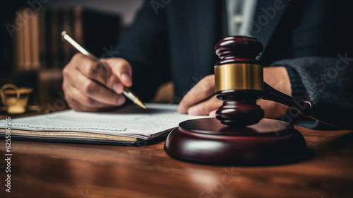 A judge writing a report with a gavel in front