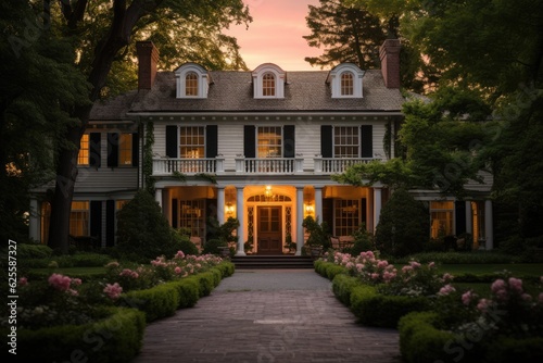 Stunning colonial American residence illuminated by the warm hues of sunset. © 2rogan