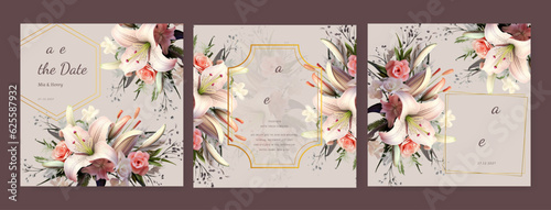 Wedding invitation card template suit with elegant flowers and gold decoration. Roses and leaves botanic illustration for background, save the date, invitation, greeting card, poster vector