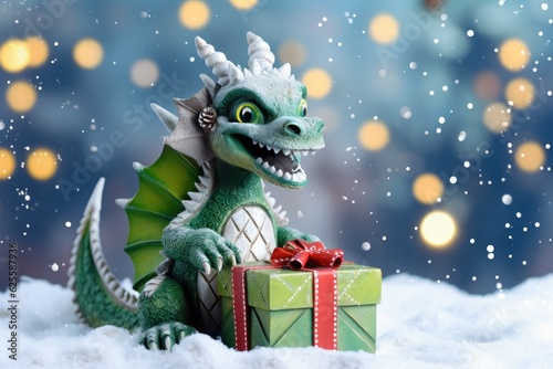 A green wooden dragon with Christmas gifts on the snow with blurred garland lights or fireworks in the background. © OleksandrZastrozhnov