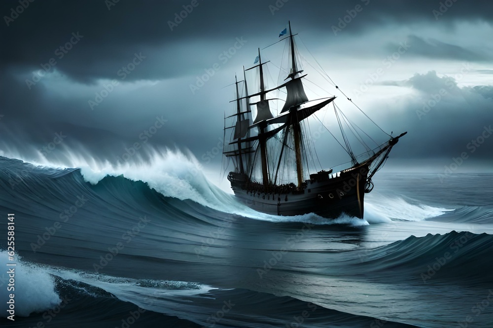 Fototapeta premium A tense scene of an ancient ship fighting a sea storm - AI generative